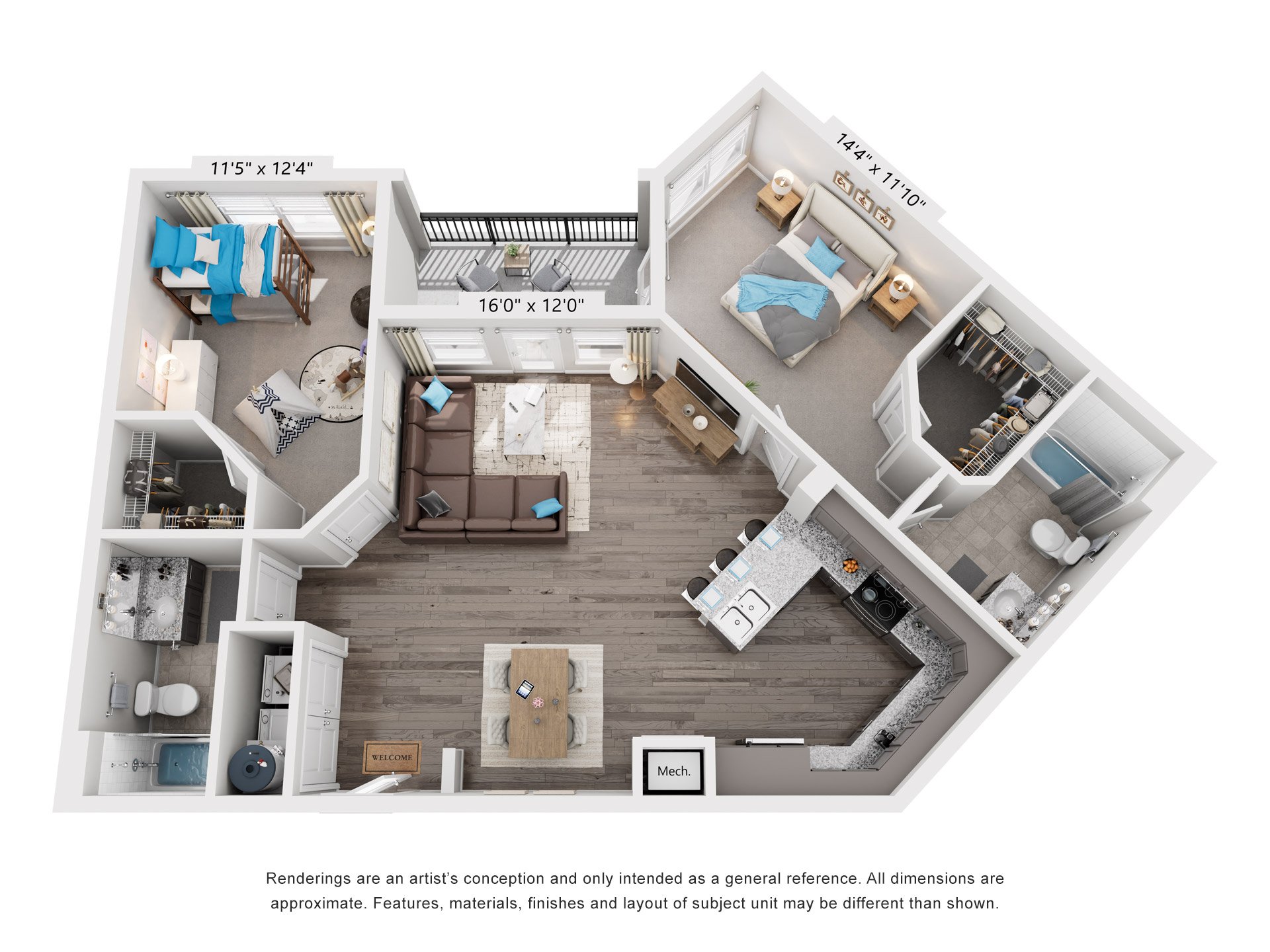 Floor plan for 2 beds, 2 baths, 1110 sqft